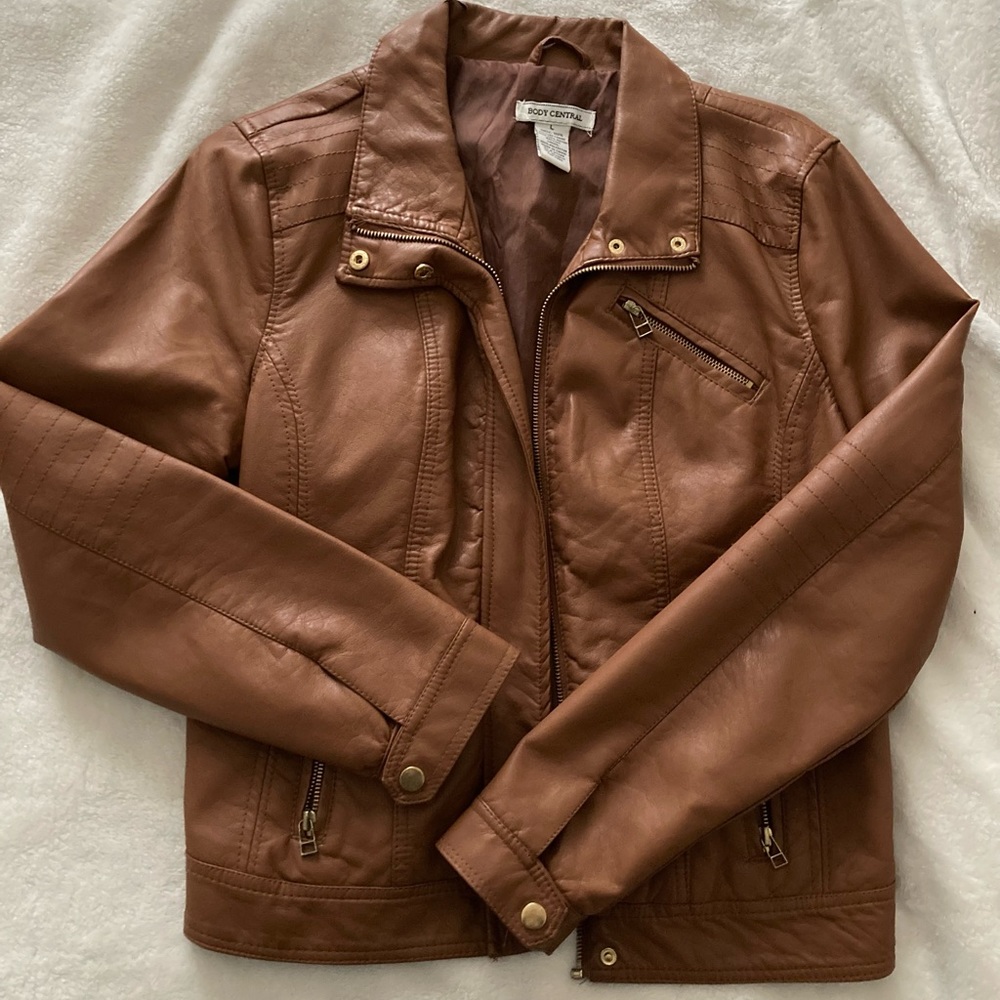Body Central Size Large Brown Faux Leather Motto Jacket, Womens, Slightly Used